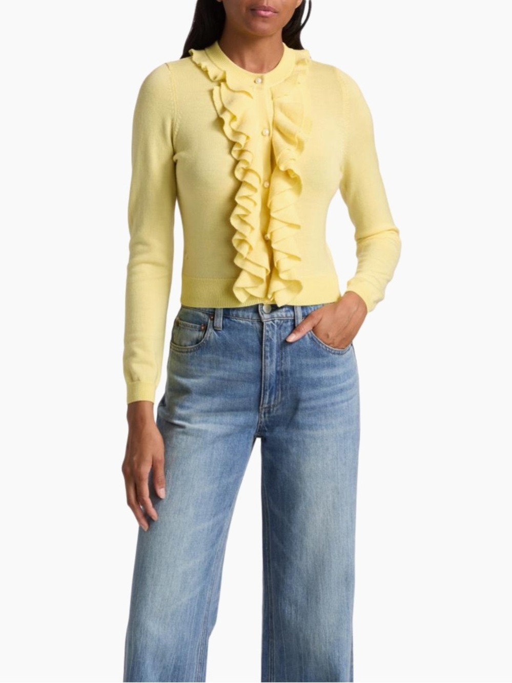 Alice + Olivia Dollie Ruffled Cashmere Cardigan in Yellow NWT - Picture 3 of 11